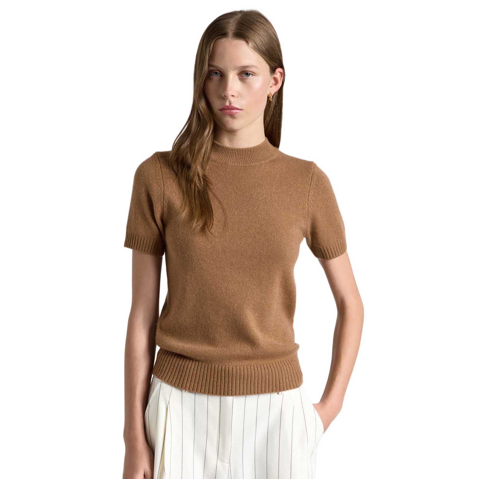 Cue Merino Cashmere Blend Mock Neck Short Sleeve Knit